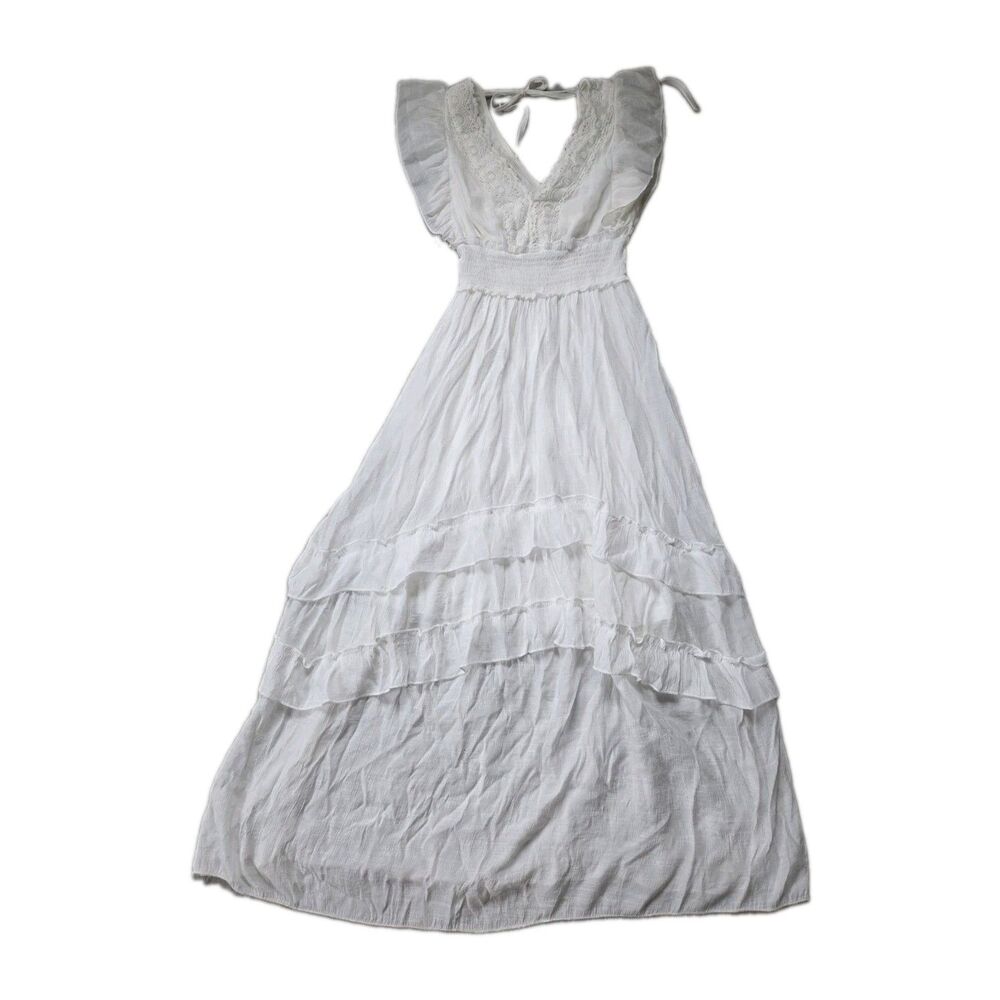 Kings Road White Lace Ruffle Boho Maxi Dress Smocked Waist Size S EUC